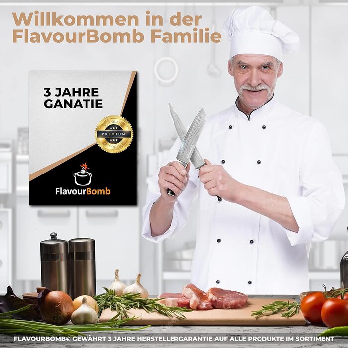 Нож Сантоку з дамаської сталі FlavourBomb | 18 см | Кухонний ніж для професіоналів | Дамаська сталь, ручка Micarta + безкоштовна електронна книга