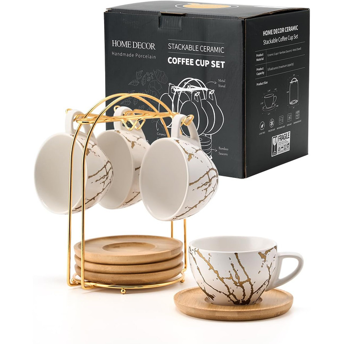Набір керамічних чашок капучино HOME DECOR 4 шт., 220 мл, з металевим підставкою. Підходить для капучино, лате, американо та чаю. Чорний та білий дизайн.