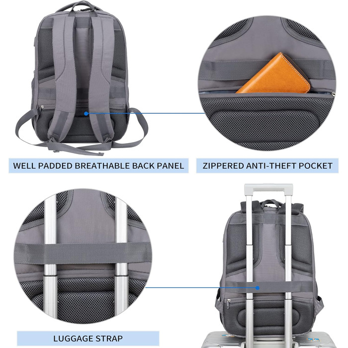 Рюкзак для ноутбука KROSER 17.3'' - бізнес, шкільний, туристичний з USB та RFID-захистом (сірий)