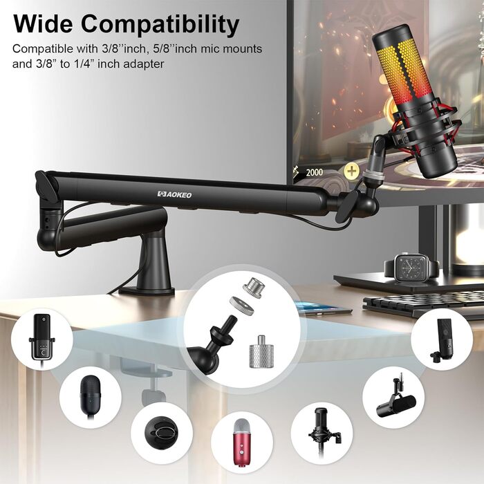 Кріплення для мікрофону Aokeo AK-55 - низькопрофільний тримач для HyperX QuadCast, Elgato Wave, Shure SM7B, Blue Yeti, Blue Snowball, студійне запису