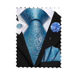 Набір краваток, нагрудних хустинок та запонок Hi-Tie: шовкова краватка для весілля та ділових зустрічей (Pfauenblau A)