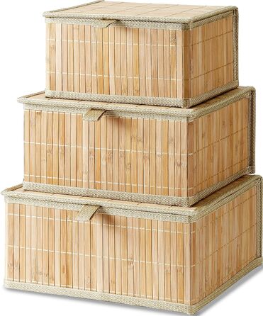 Honeycomb Storage Basket with Lid, Woven - Bamboo Decor Storage Boxes, Set of 3 Rattan Basket with Lid, Woven Fabric Insert for Bathroom, Kitchen, Shelf Organization (Large/Medium/Small)