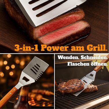 Набір для гриля для чоловіків: набір інструментів з нержавіючої сталі 3-в-1 (шпатель, щітка для чищення) – ідеальний подарунок для гриля, подарунки для гриля для чоловіків (без гриль-кейсу, без дерев'яного кейсу)