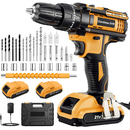 Акумуляторний шуруповерт AKZWOXRO 21V з 2 акумуляторами 2.0Ah, 42Nm, 2 швидкості, 25+3 ступені крутного моменту, патрон 10мм, LED ліхтик, 30-ти елементний набір для дому та саду, DIY проєкти