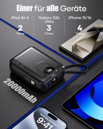 Power Bank 20000mAh з інтегрованим кабелем: швидка зарядка 22.5W, USB C (вхід та вихід), акумулятор для телефону, повербанк з 4 виходами та 2 входами, білий/чорний