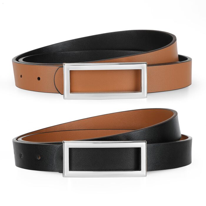 Жіночий ремінь VONMELLI вузький шкіряний, з золотою пряжкою, чорний/коричневий (срібна пряжка), 120 см (93-103 см талія)