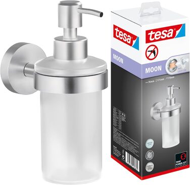 tesa Moon Soap Dispenser Set, satinized glass and chrome-plated stainless steel - Wall-mounted liquid soap dispenser without drilling, incl. adhesive solution - 109 mm x 70 mm x 156 mm