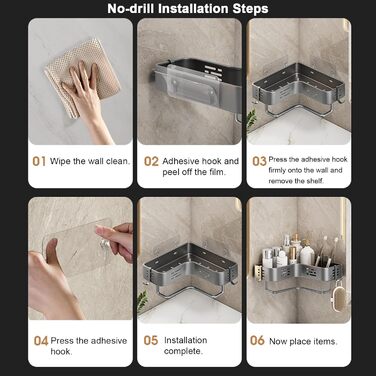 Поличка для душу без свердління, кутова, для ванної кімнати, органайзер, шафка для душу, тримач для шампуню, 2 гачки, темно-сірий