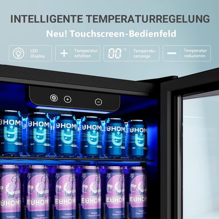 Міні-холодильник EUHOMY на 126 банок з дверцятами зі скла, чорний, з регульованими полицями, 90л, для дому/бару/офісу