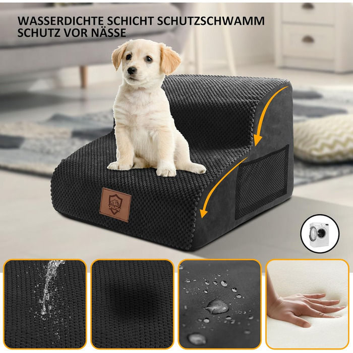 Dog Stairs, Pet Stairs, Foam Dog Stairs, Washable Non-Slip Cat Stairs, Dog Stairs for Small Dogs and Cats, Portable Dog Ramp for Bed, Couch and Car (2-Step Dog Stairs, Black)