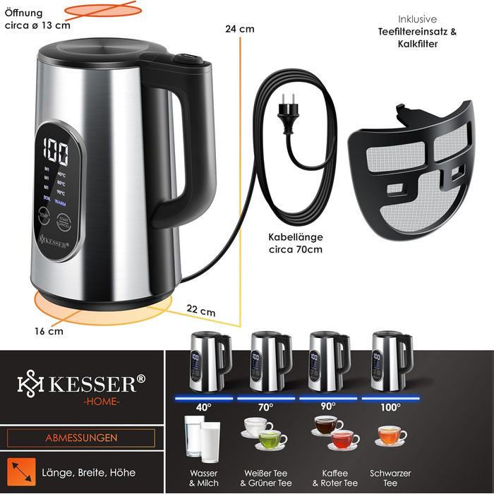 KESSER® Stainless Steel Kettle 1.7 Liter | LED Display | 4-Mode Temperature Setting 40°C-100°C | 30-Minute Keep Warm | Electric Tea Kettle 2200W BPA-Free | Scale Filter & Easy-Open Lid, (Silver)