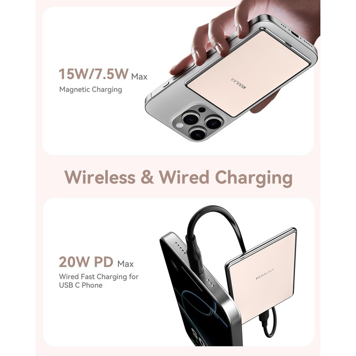 PowerBank Kuulaa Ultra Slim 5000 mAh з MagSafe, Type-C 20W, Швидка зарядка, 7.2 мм, для iPhone 16/15/14/13/12 (Рожевий)