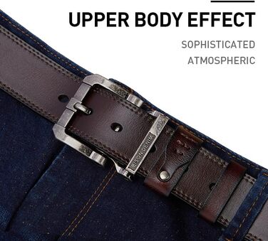Чоловічий шкіряний ремінь BISON DENIM класичний коричневий, міцна срібляста пряжка, довжина 135 см (для талії 114-120 см)
