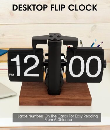 Yusat Retro-Flip Clock, Vintage Table Clock, digital, automatic flipping, battery-powered, mechanical desk clock, black, ideal for home, office, room decoration (Battery
