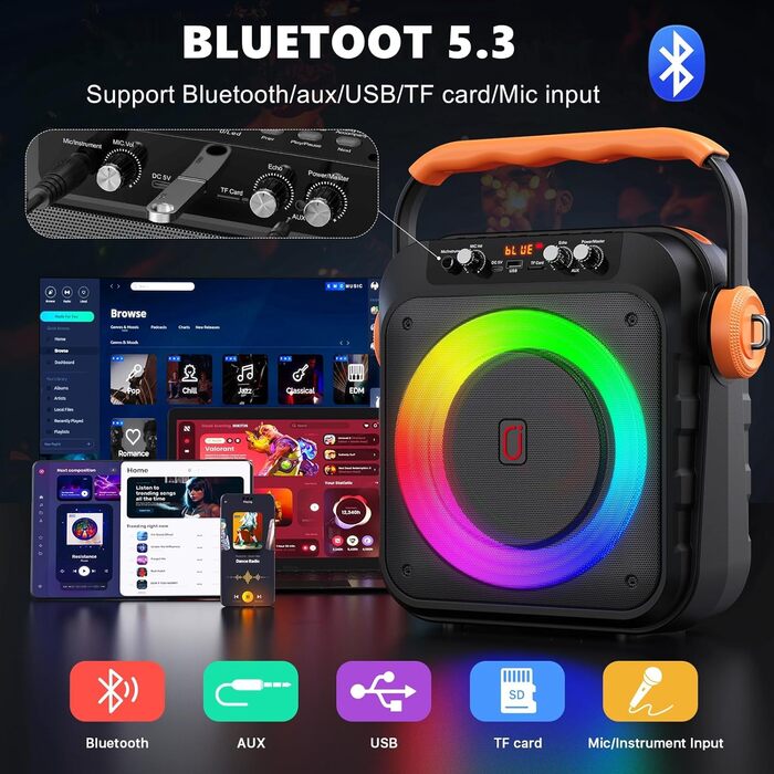 Караоке машина MS80 з 2 мікрофонами, портативна колонка з LED-підсвіткою, Bluetooth, USB/TF-карта, AUX/FM, система PA, TWS