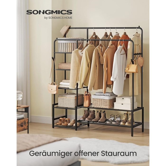 SONGMICS Стійка для одягу, відкрита шафа, вішалка для одягу з 7 полицями, металевий каркас, перекладина для одягу, для спальні, вітальні, передпокою, чорна HSR182B01, чорний, 115,8 см