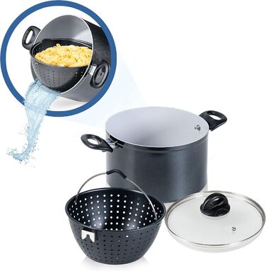 Набір керамічних каструль Genius Cerafit Magic Pot 24 см, 6,4 л з друшляком і скляною кришкою, універсальний для всіх плит, чорний