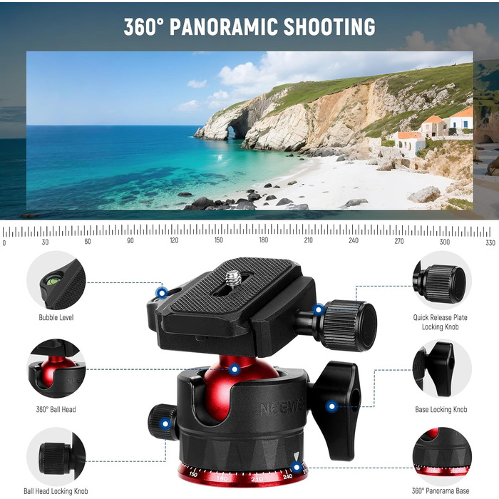 Штатив для камери NEEWER BASICS 77' з моноподом, кульковою головкою 360° та пластиною Arca QR, компактний, легкий, з алюмінію, для подорожей, відеозйомки, максимальне навантаження 6кг (TP14)