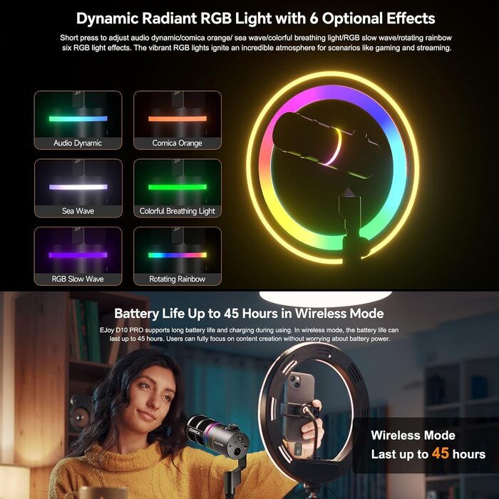 Мікрофон Comica D10 Pro D з підсвічуванням RGB та кріпленням для стрімінгу, геймінгу та запису подкастів (чорний)