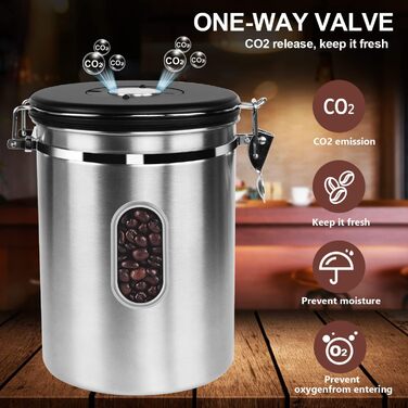 Контейнер для кави ROCKY&CHAO 1.8L з нержавіючої сталі, герметичний, з віконцем, для кавових зерен, чаю, горіхів, какао