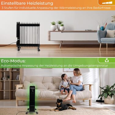 KLAMER Oil Radiator 2500 W, Electric Heater Energy-Saving, 13 Fins, 3 Heating Levels with Eco Mode, 24h Timer, Thermostat, Overheat & Tip-Over Protection, with Remote Control, for Indoor Use, Black