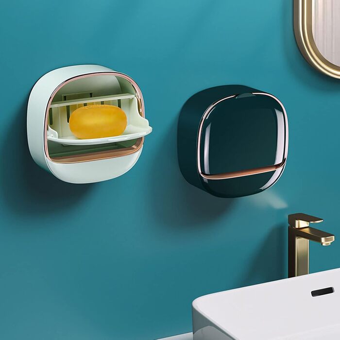 Настінна мильниця Flip-Deckel без свердління з піддоном для стік води, для ванної кімнати та кухні (темно-зелений)