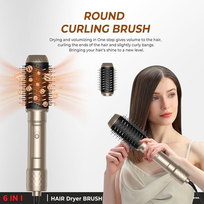 Набір Airstyler Warmluftbürste 6 в 1: фен, круглі щітки, браш, локони, випрямляч, золото