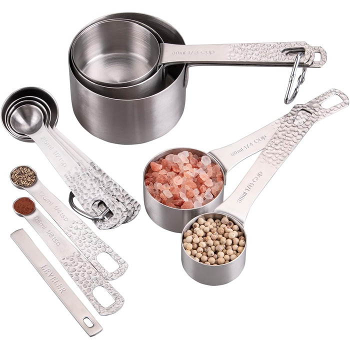 Measuring cup and spoon set, 18/8 stainless steel, measuring cups and spoons for baking and kitchen use, metric and US metal measuring cups and spoons for dry and liquid ingredients