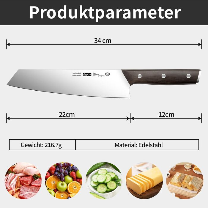 Японський ніж Kiritsuke від Plys: професійний кухарський ніж з нержавіючої сталі з дерев'яною ручкою