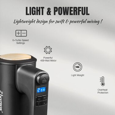Міксер ручний Bestron Power з 6 швидкостями, Turbo-функцією та LCD-дисплеєм. В комплекті: 2 вінчики та 2 гаки для тіста. Легкий (1 кг), колір: чорний/дерево