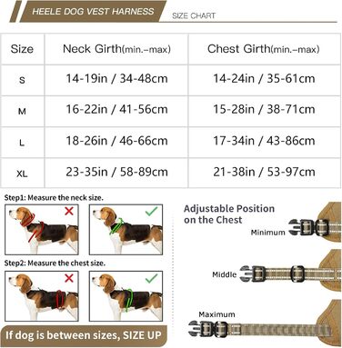 Шлейка для собак HEELE з регулюванням натягу, світловідбиваюча, для середніх собак, з м'якою ручкою, 1 пряжка, легко одягається, коричнева, розмір M, обхват грудей 38-71 см, Uni-Khaki