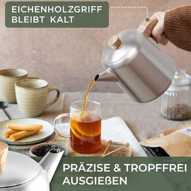 WALDWERK Teapot with Infuser - Teapot Thermal Double-Walled - Teapot with Strainer Made of 304 Stainless Steel - Tea Maker with Real Oak Wood Handles - Tea Pot 100% Drip-Free (Teapot with Lid)