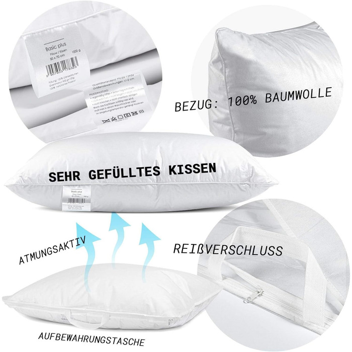 H&F Heimtextilien Premium Quality | Pillow 50x70 cm | 1000 Grams Down, Goose Down | 100% Natural Three-Chamber Pillow | Cover: 100% Cotton | 3-Chamber Down Pillow | Oeko-TEX Certified