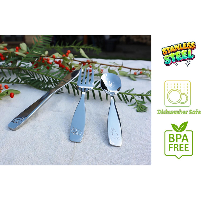 Набір дитячого столового приладдя EXZACT Kinderbesteck Set 18-ти частинний з нержавіючої сталі, від 2 років, безпечні ножі, 6 виделок, 6 ножів, 6 ложок (Dino X 18)