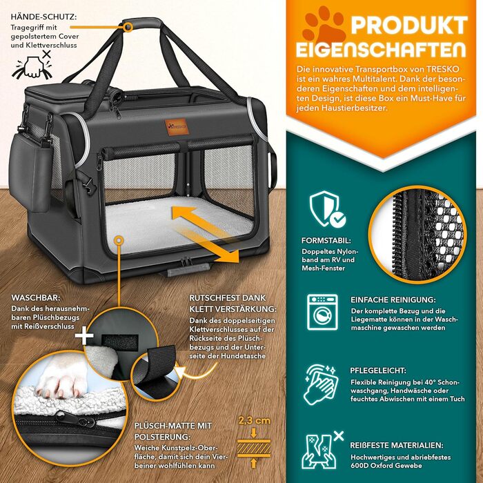 Трейлер для собак TRESKO® S (50x34x34 см) з підкладкою, шпателем та відбивачами | Транспортний бокс для собак та котів | Міцний бокс для собак різних розмірів | Сумка для собак, антрацит