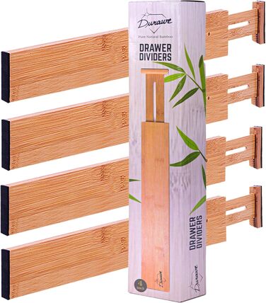 Bamboo Drawer Dividers for Kitchen - Organizational Set of 4 - Spring-Loaded Adjustable & Expandable Drawer Organization