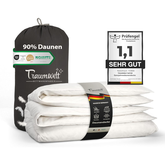 Dreamworld Nature Duvet - Made in Germany - 200x200 cm down duvet made of 90% down and 10% feathers, winter duvet, suitable for allergy sufferers (nomite), Öko-Tex 100 Class 1 certified, Downpass 200 x 200 cm winter duvet