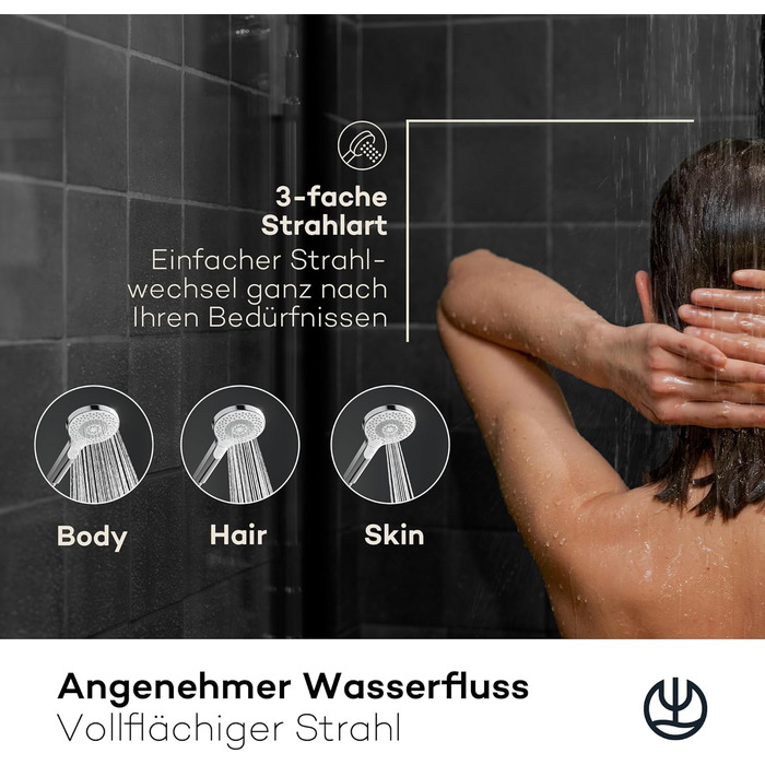 KLUDI-X3 Universal Shower Head with Hose, optional shower spray, water-saving with 3 spray patterns (Body, Hair, Skin), easy-to-clean shower head Ø 11.7 cm, shower hose 1.60 m