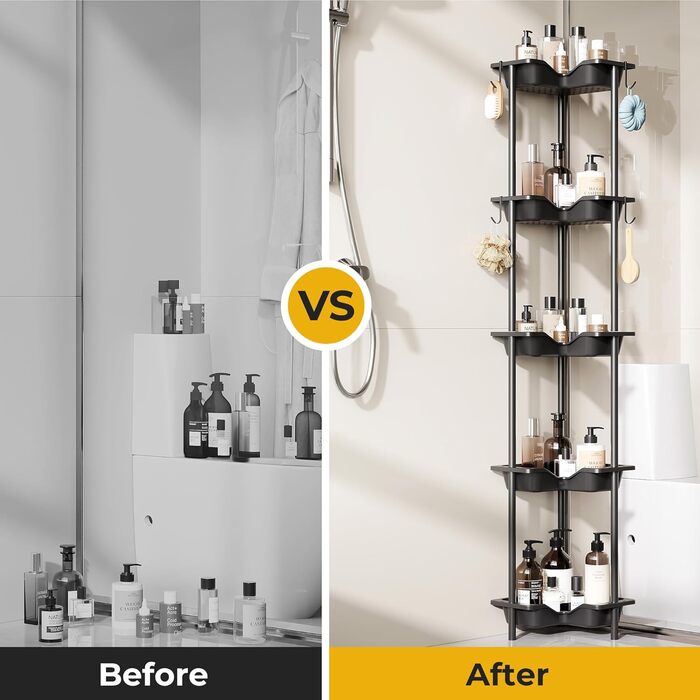 Підлогова полиця для душу з 5 ярусами, без свердління, з гачками, чорного кольору, нержавіюча сталь та пластик