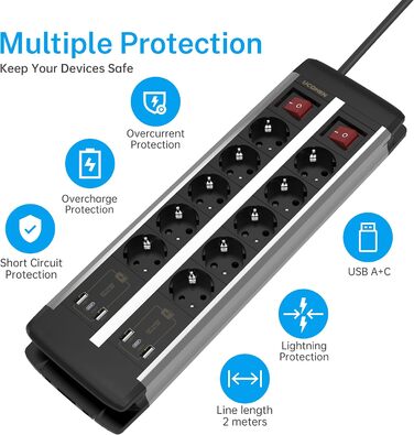Многофункціональна мережева стрічка Ucomen на 10 розеток з USB та захистом від перенапруги (3680W, 16A) для комп'ютерних столів, з USB-зарядкою 20W (USB-A та USB-C), кабель 1.5м
