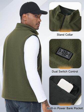 Обогріваючий жилет для чоловіків з акумулятором 10000mAh, 6 зон нагріву, USB, мікрофліс, регулювання температури, чорний (M)