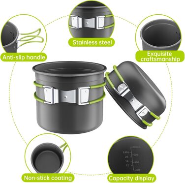 Набір посуду для кемпінгу з газовою плитою, туристичний посуд, складний набір каструль з алюмінію для BBQ, пікніка, походів (1-2 особи)