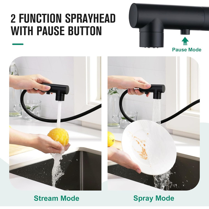 Кухонний змішувач CREA з 3 функціями: душ, висувний вилив, поворот 360°. Матовий чорний, для кухні.