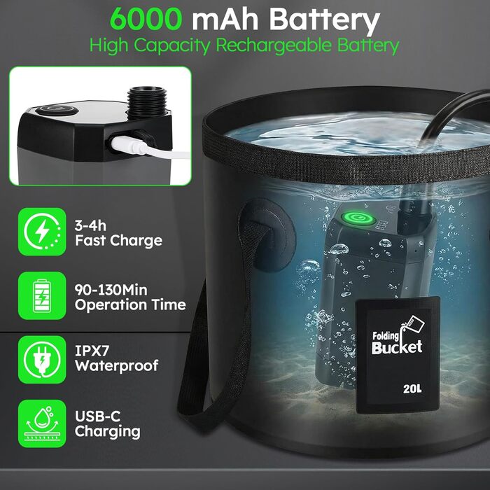 Портативний душ для кемпінгу Campingdusche 20л з насосом, акумулятором 6000mAh та індикатором температури
