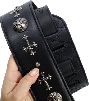 Гітарний ремінь Nefelibata з повном'якої шкіри, з підкладкою з піни, з срібними заклепками, для електро-, акустичної та бас-гітари (2,5' ширини, карбон-чорний), з хрестом