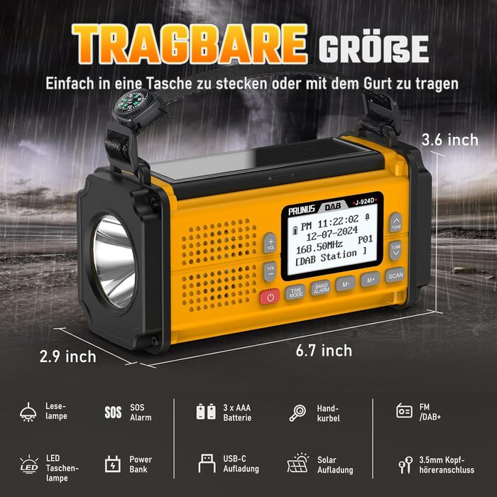 Радіоприймач PRUNUS J-924D: DAB+/UKW, радіо з ручкою, акумулятор 10000mAh, Bluetooth, ліхтарик, SOS, зарядка для телефону (зелений/жовтий)