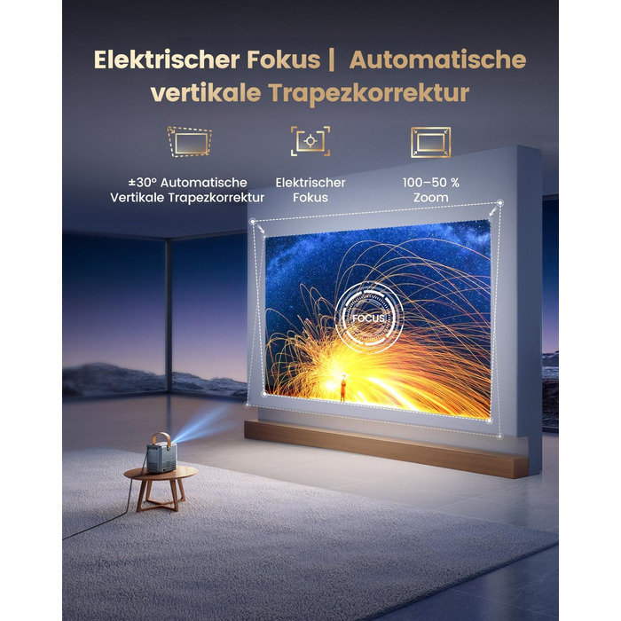 Mini проєктор Beamer 4K з WiFi 6, Dolby Audio та підтримкою Netflix | 1080P Full HD, інтегровані додатки, автоматичне фокусування, вертикальна корекція трапецеїдальних спотворень, короткофокусний, сріблясто-сірий