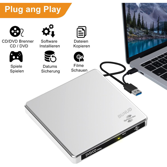 Зовнішній DVD-накопичувач BUNUD Lightscribe для Mac та Windows: USB 3.0 Type-C, DVD-записувач з картридером SD/TF та 2 USB-портами для MacBook, iMac, ноутбуків та PC