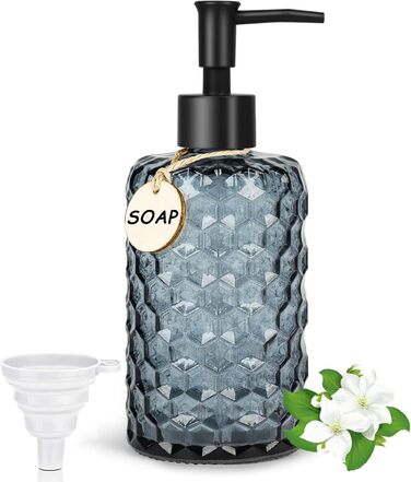 Скляний дозатор для мила 500 мл з хвильовим дизайном для ванної кімнати та кухні, з чорною пластиковою помпою, дерев'яними етикетками та воронкою (вугільно-блакитний)