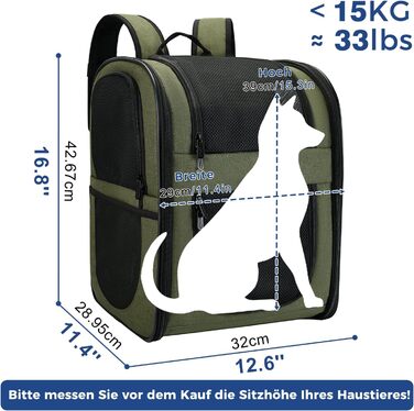 Рюкзак для собак та котів Apollo Walker - зручний та дихаючий рюкзак-переноска для малих тварин (2-15 кг), армійний колір